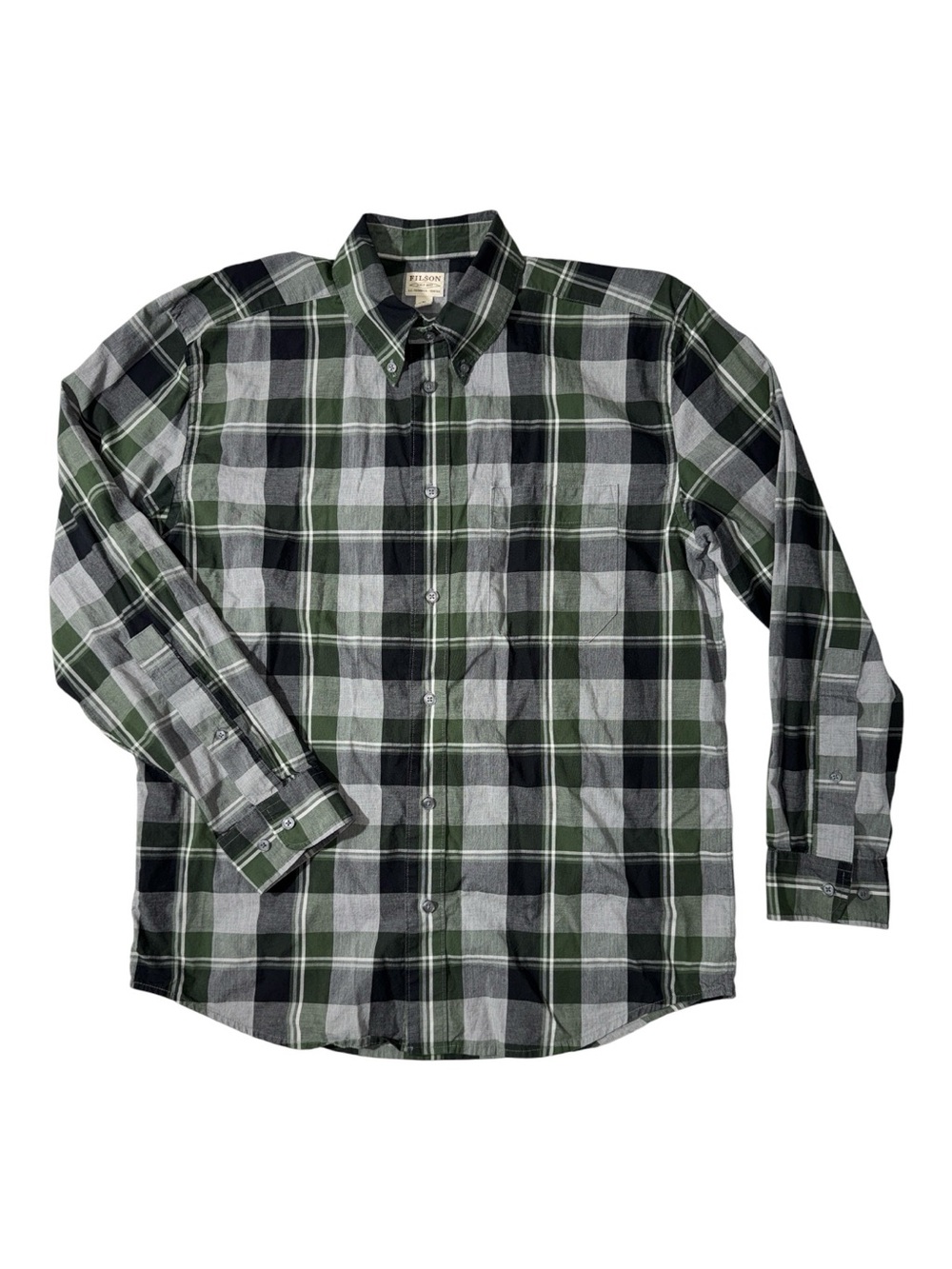 Filson mens M Medium green grey plaid cotton button down oxford shirt EUC